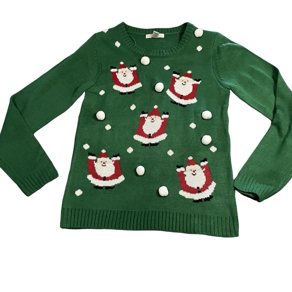 Susan Bristol Sweater Women's Size Medium Green Santa Christmas Snowballs